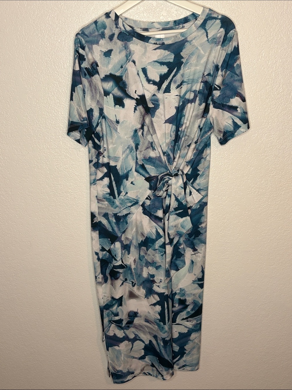 Marla Wynne Layers Blue Abstract Floral Tie Front Stretch Jersey Midi Dress XL